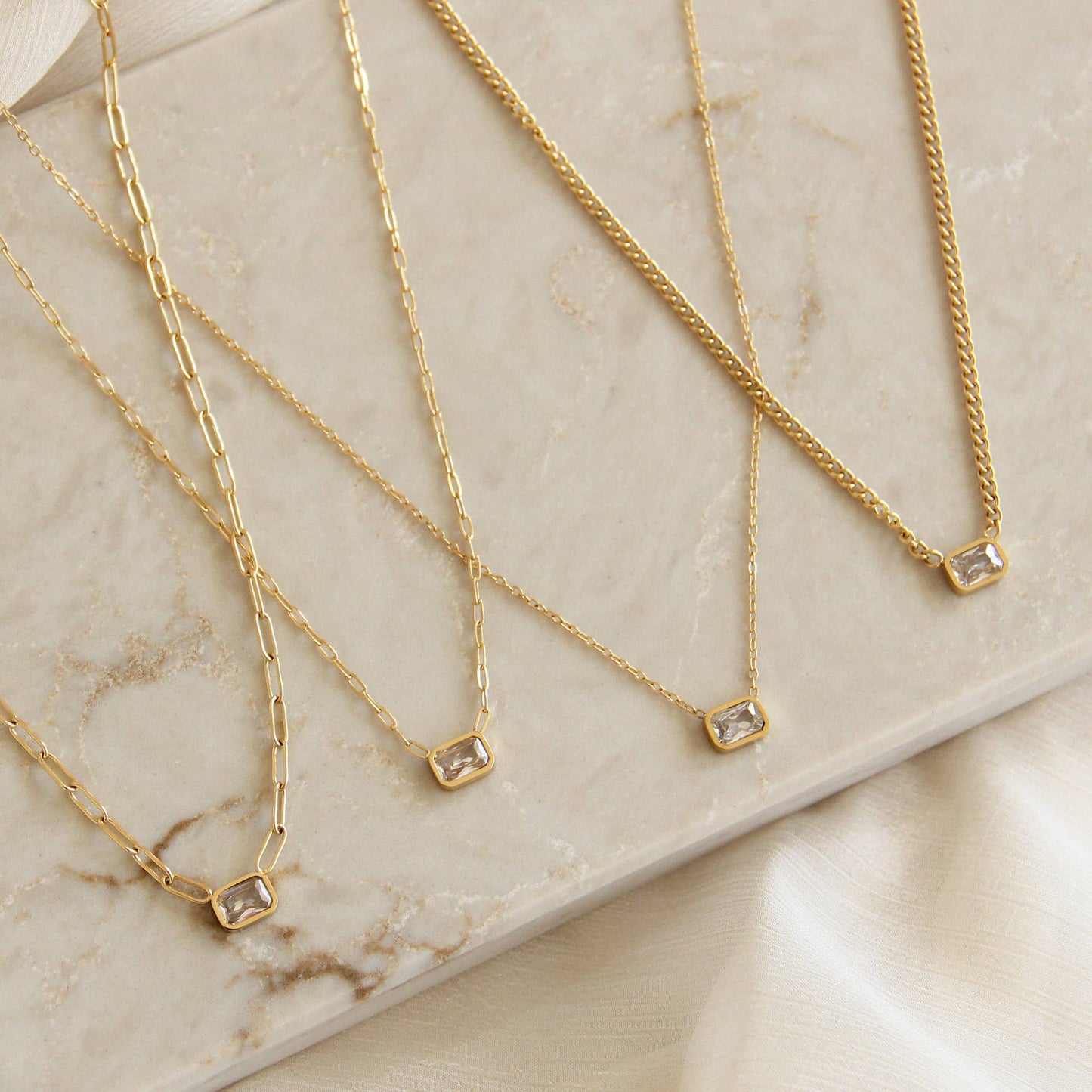 Round and Emerald Cut Curb Chain Necklaces